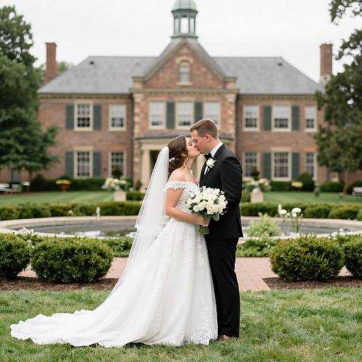 Photograph of a bride in a white lace gown and veil, holding a bouquet, kissing a groom in a black suit, in front of a grand