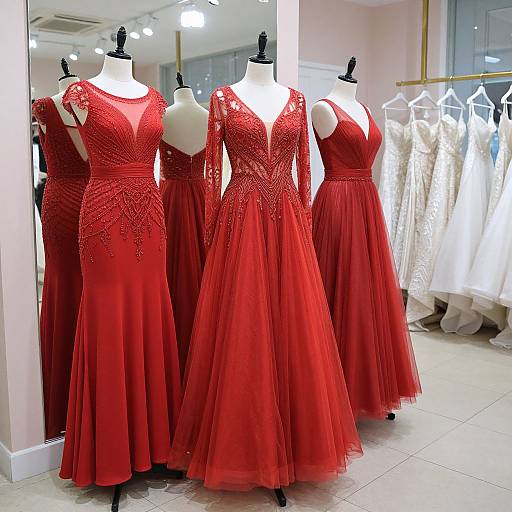 Elegant Red Gowns in Bridal Shop