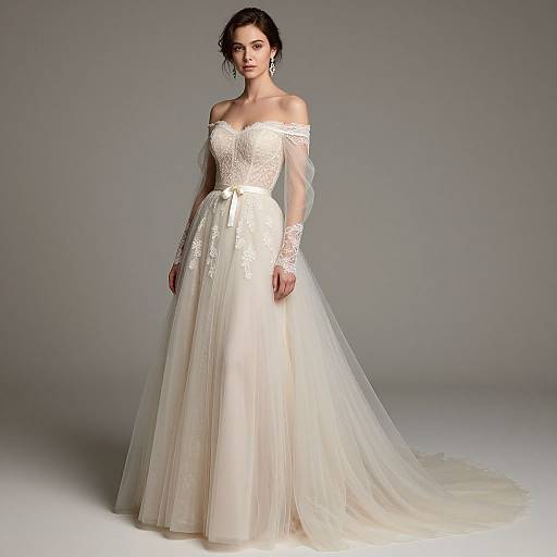 Photograph of a slender woman with dark hair in an off-shoulder, lace white wedding gown with long sleeves and a full, tulle skirt