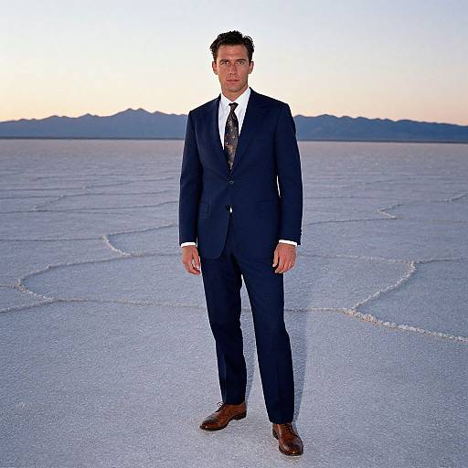 Photograph of a serious-looking man in a navy suit, white shirt, and patterned tie, standing on a vast, cracked desert plain at sunset
