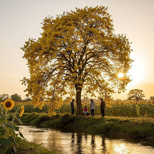 Photograph of a golden-yellow tree at sunset, with four people standing by a reflective creek, surrounded by sunflowers and green grass.