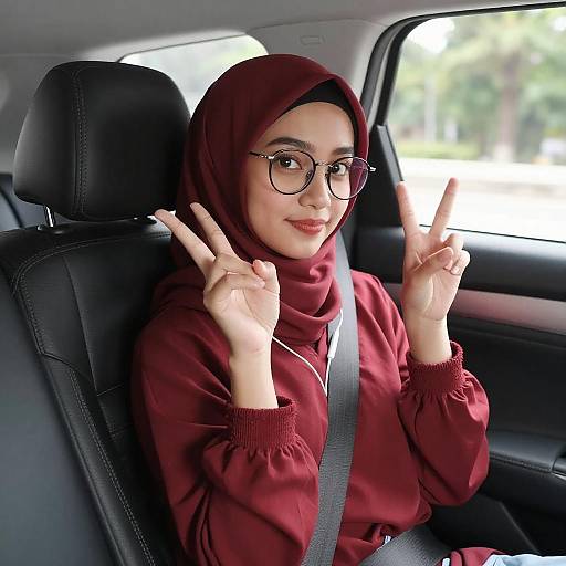 Young Woman in Red Hijab Car Selfie