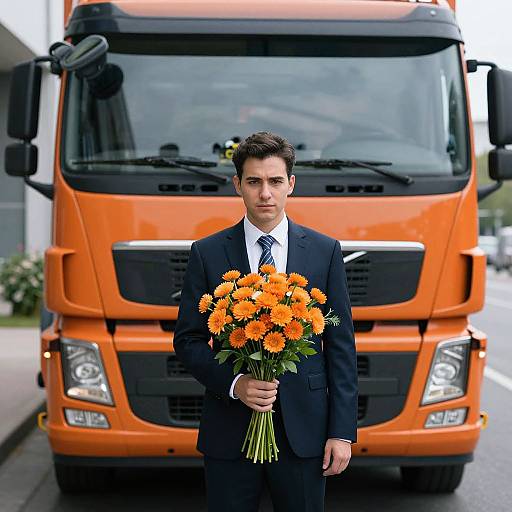 Man with Orange Flowers by Truck