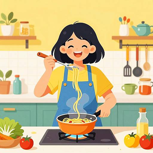 Joyful Woman Cooking Pasta in Vibrant Kitchen