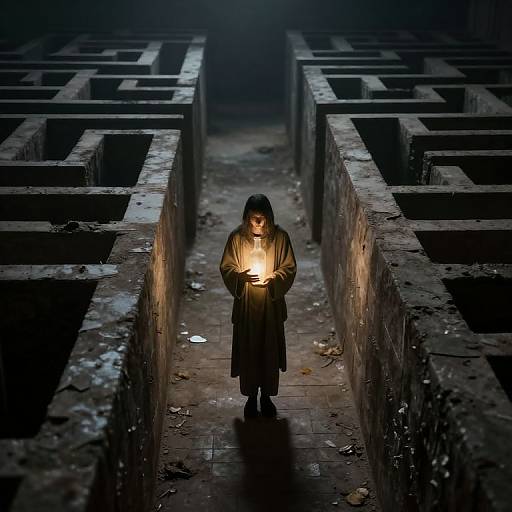 Photograph of a hooded figure standing in a dimly lit, dark, and dusty maze, holding a glowing lantern, casting eerie light.