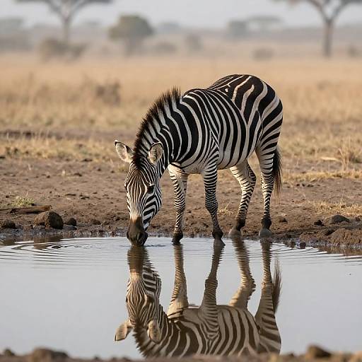 Photograph of a zebra drinking from a waterhole, reflecting its black-and-white stripes in the calm water, with a dry, grassy sav