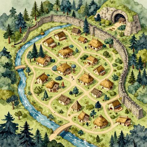 Colorful watercolor illustration of a medieval village with thatched-roof houses, winding paths, a stone wall, and a river, surrounded by dense