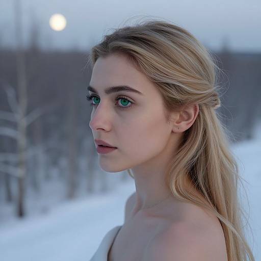 Portrait of Woman with Emerald Eyes in Snowy Landscape