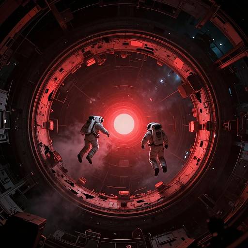 Astronauts Floating Near Glowing Red Light Inside Giant Space Structure