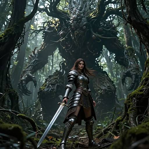 Digital fantasy artwork: Armored woman with long brown hair, wielding a sword, stands defiantly in dark, misty forest, facing a monstrous,
