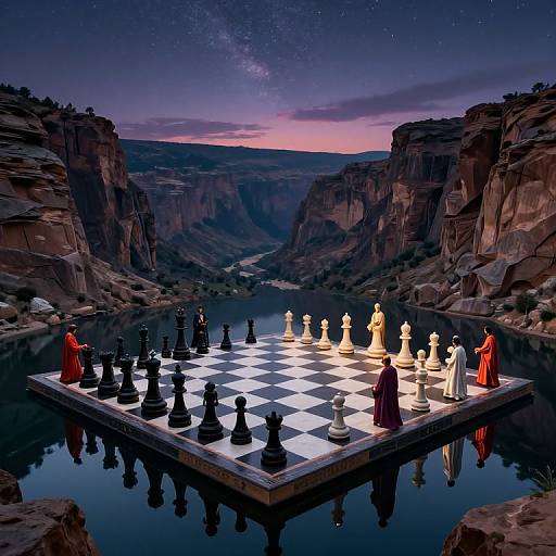 Digital artwork: Glowing chessboard with black and white pieces, surrounded by red and white-robed figures, floats in a serene canyon lake at twilight