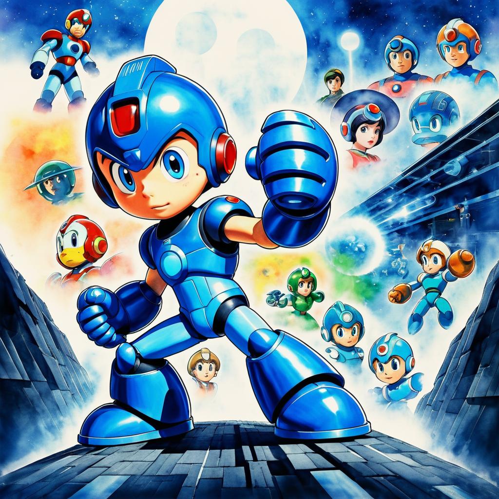 Vintage Mega Man Watercolor Poster Art