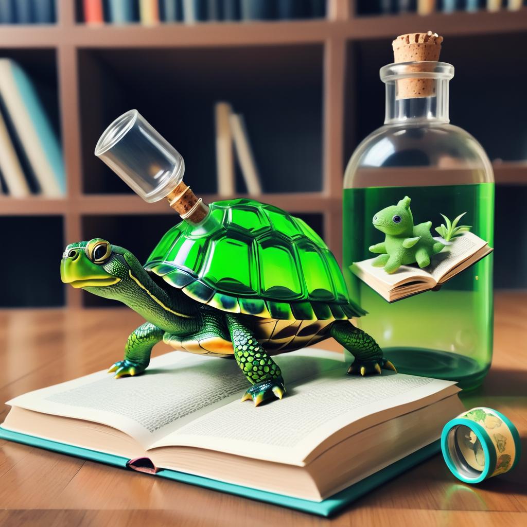 Whimsical Turtle Reading in a Bottle