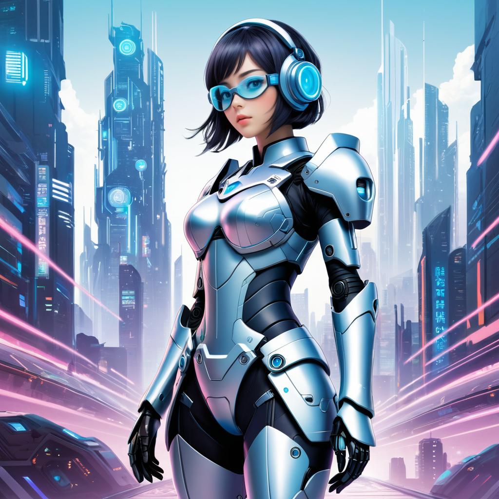 Charming Robot Girl in Cyber Cityscape