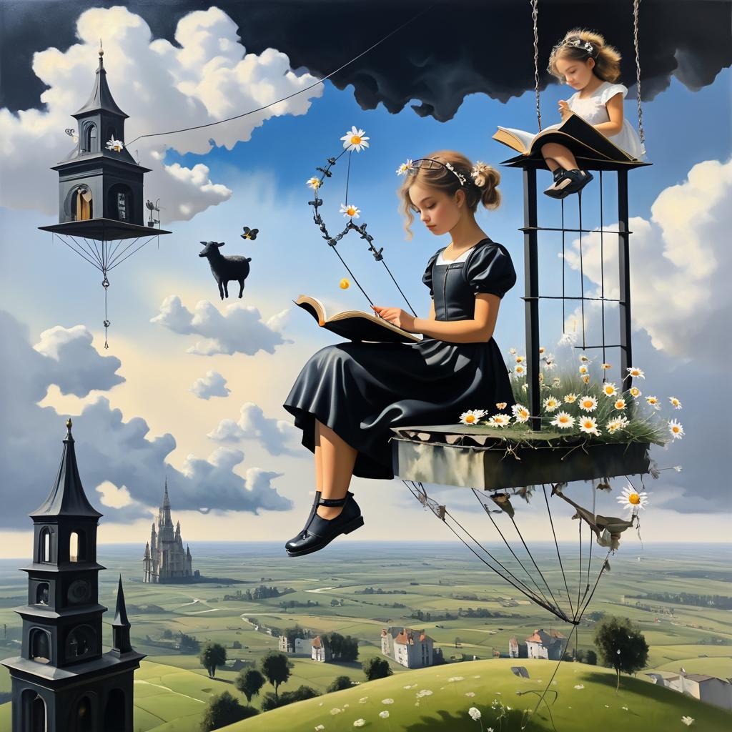 Surreal Girl on Wire Reading a Book