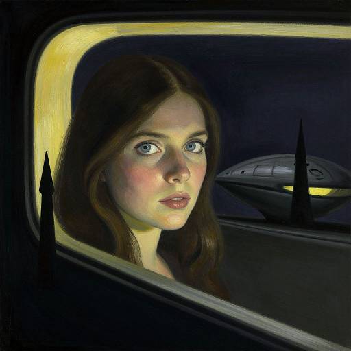 Photorealistic digital art: Pale-skinned, blue-eyed woman with long brown hair peers out of a car window at a dark, alien night with