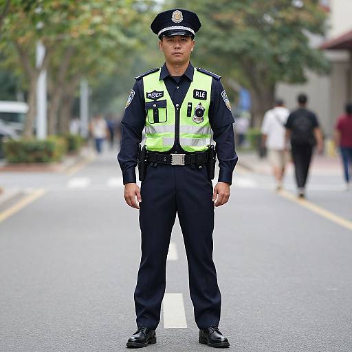 Photograph of an Asian male police officer in dark uniform with neon yellow vest, standing on a tree-lined street, blurred pedestrians in background.