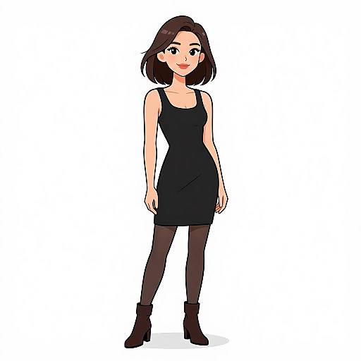 Digital anime-style drawing of a smiling woman with short brown hair, wearing a black sleeveless dress, black tights, and black ankle boots, standing