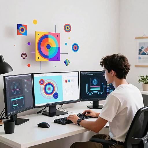 Photograph of a young man with short brown hair, wearing a white t-shirt, working at a white desk with two monitors, surrounded by colorful geometric