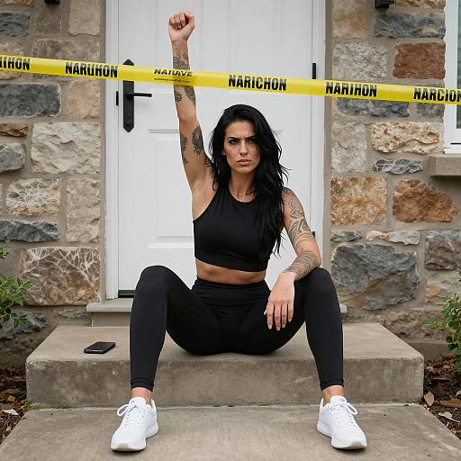 Tattooed Woman Sitting on Steps with Raised Fist