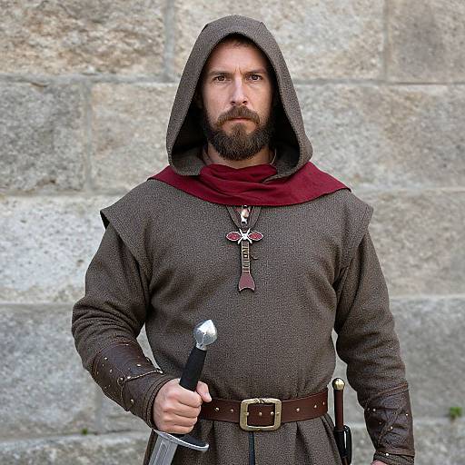 Photograph of a bearded man with intense gaze, wearing a brown hooded tunic, red scarf, and holding a sword, standing against a
