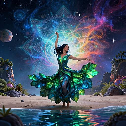 Digital artwork of a dancing woman in a neon green, starry dress, surrounded by cosmic magic, planets, and vibrant, colorful energy.