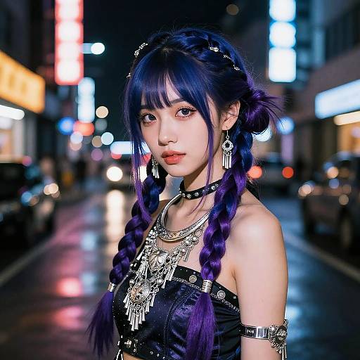 Digital artwork of an Asian woman with purple braided hair, wearing a black strapless top and ornate silver necklace, in a neon-lit,