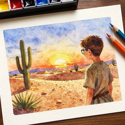 Watercolor Desert Oasis at Sunset