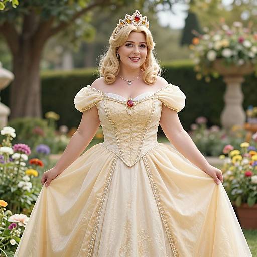 Photograph of a smiling blonde woman with wavy hair, wearing a gold crown, off-shoulder yellow ball gown, and red gemstone necklace