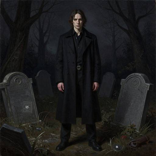Photograph of a pale, dark-haired man in a long black coat standing in a dark, eerie graveyard with two gravestones and broken glass in