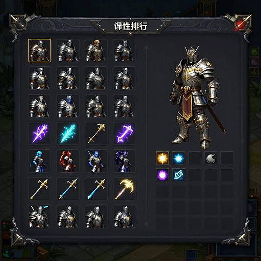 Digital RPG character selection screen with armored knights, glowing weapon icons, and a highlighted full knight on the right. Dark, ornate frame. Japanese text