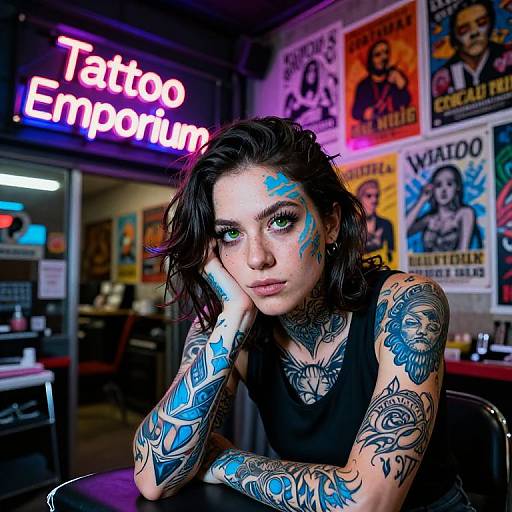 Neon-lit Tattoo Artist Portrait