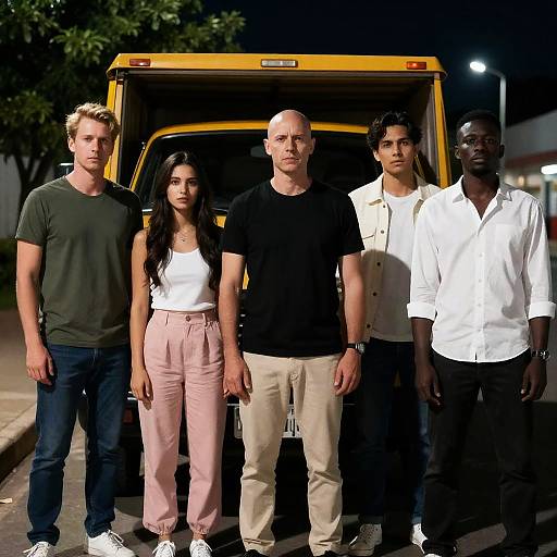 Group Portrait by Yellow Truck at Night