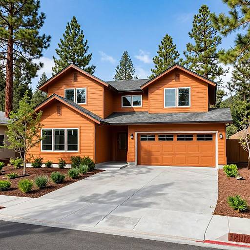 Photograph of a modern, two-story orange house with gray shingles, large windows, double garage, and a concrete driveway, surrounded by tall pine