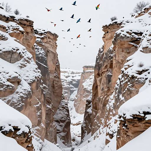 Photograph of a snowy canyon with tall, red-rock cliffs and numerous birds flying overhead, creating a dynamic contrast between white snow and brown rock.