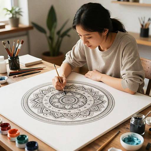 Asian woman with black hair, wearing beige sweater, intricately drawing mandala with black ink on white paper, surrounded by paint jars and brushes in bright