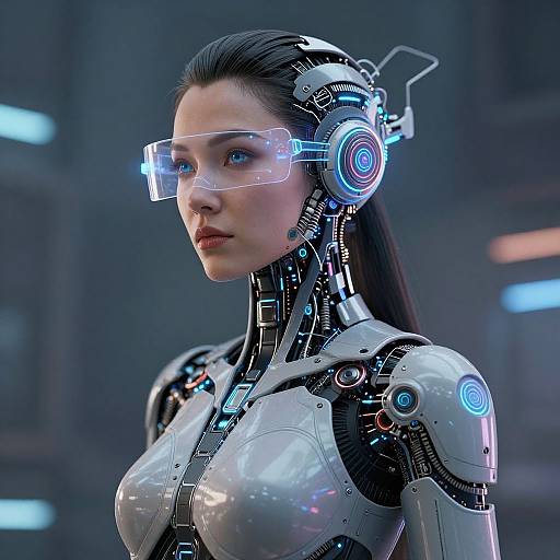 Photorealistic CGI of a cybernetic woman with glowing blue-tech headphones, transparent visor, and sleek white robotic armor, set in a futuristic