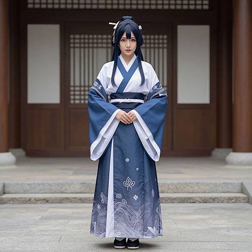 Photograph of an Asian woman in a traditional blue and white kimono with floral patterns, standing in front of a wooden temple entrance. She has long