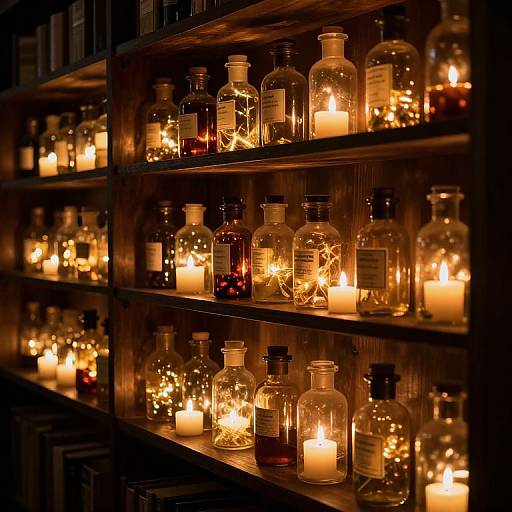 Photograph of warm, glowing candlelit glass bottles on wooden shelves, creating a cozy, inviting ambiance with soft, flickering light reflections.