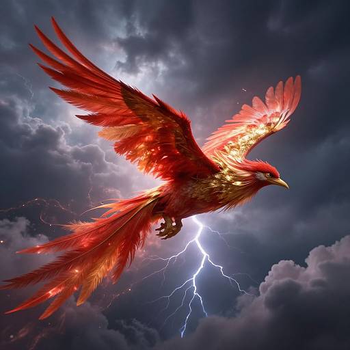 Digital illustration of a fiery red phoenix with glowing feathers soaring against a stormy sky with lightning, wings outstretched.