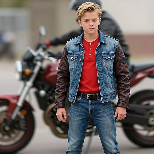 Photograph of a young blonde boy in a red shirt, blue denim vest, and jeans, standing in front of blurred motorcycles.