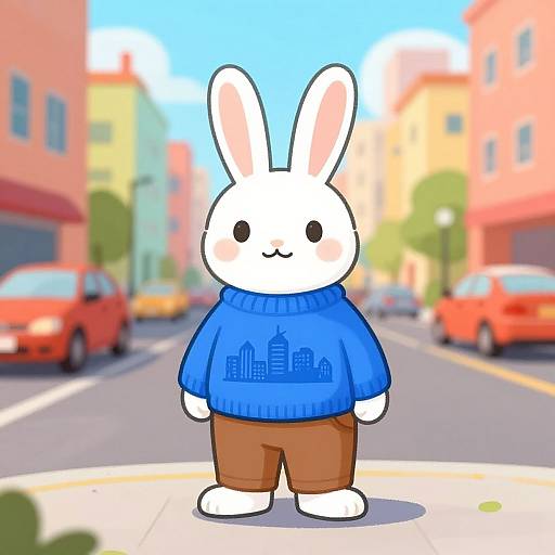 Cute, white cartoon bunny in blue cityscape sweater and brown pants, standing on a sunny urban street with red cars. Digital art.