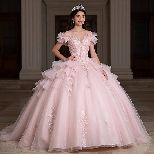 Photograph of a beautiful woman in a pale pink, lace and tulle ball gown with an off-the-shoulder neckline, wearing a silver ti