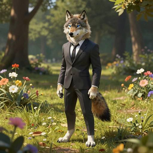 Anthropomorphic Wolf in Suit in Flowered Park