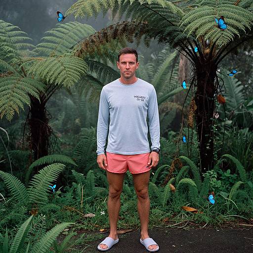 Photograph of a fit man in a light blue long-sleeve shirt, orange shorts, and white sandals, standing in a lush, foggy