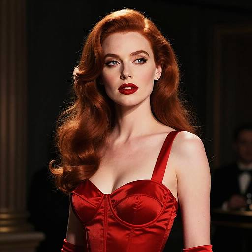Photograph of a fair-skinned, red-haired woman with vintage-style makeup, wearing a red satin corset dress and gloves, standing against a dark