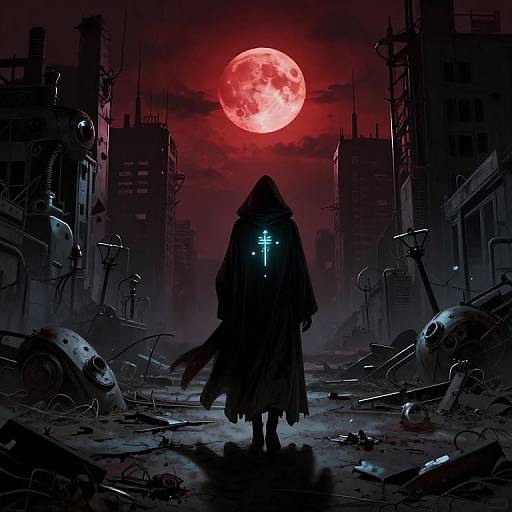 Digital artwork of a hooded figure with a glowing cross back, silhouetted against a red full moon in a dark, ruined cityscape with