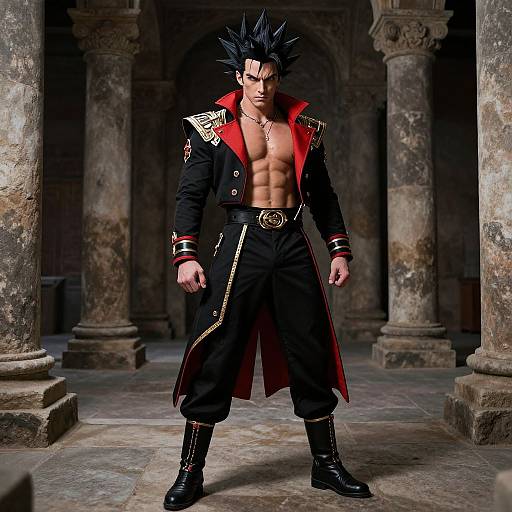 Digital artwork of a muscular, black-haired anime man with spiky hair, red-lined black coat, bare chest, and black pants, standing in a