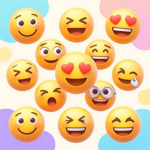 Digital illustration of 11 yellow smiley faces with various expressions: laughing, winking, heart eyes, and glasses, on a white background with pink