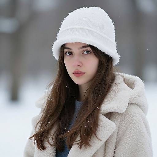 Photograph of a young woman with long brown hair, wearing a white furry hat and coat, standing in a snowy, blurred forest background.